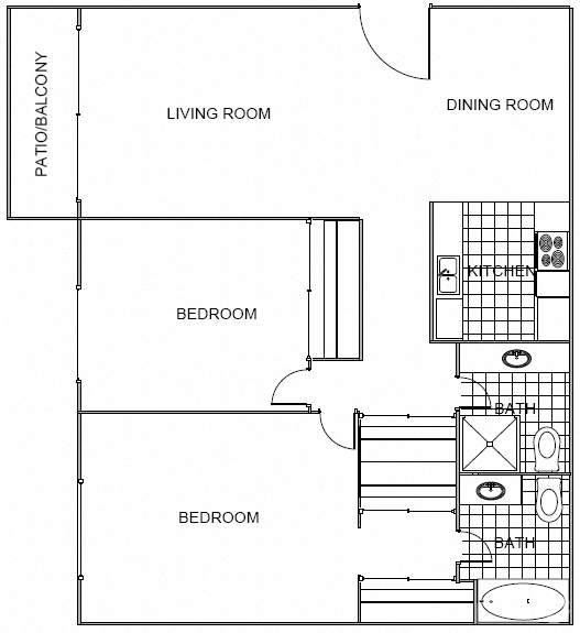 Floor plan for 2 beds, 2 baths, 1064 sqft